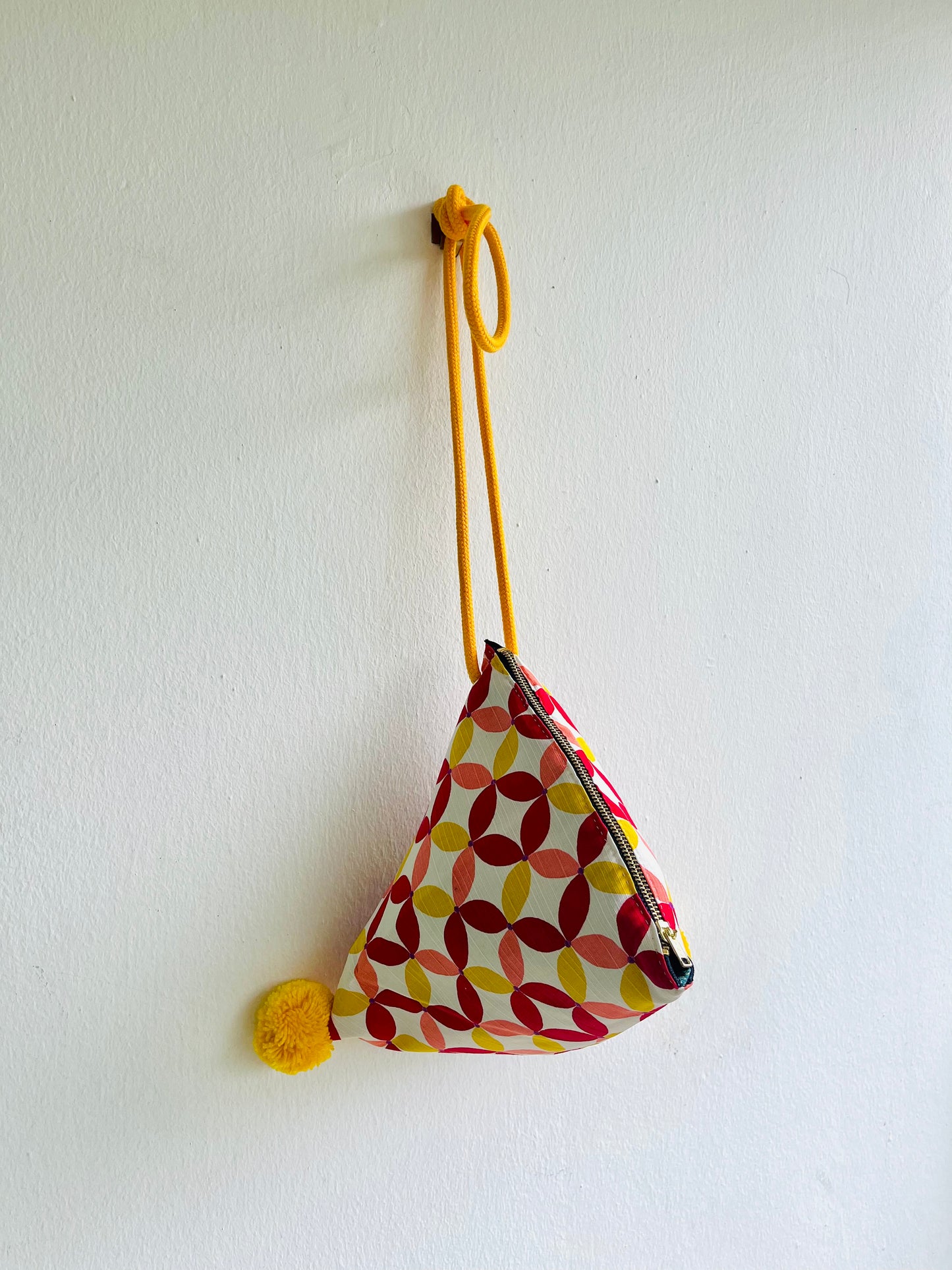 Small triangle fabric bag , origami Japanese inspired dumpling bag , cute pom pom colorful bag | Retro Milan - Jiakuma