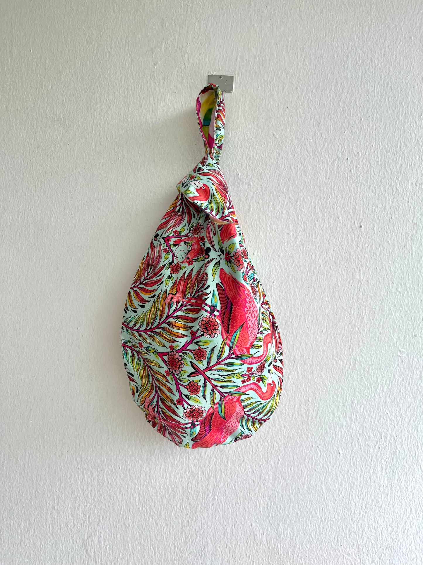 Small origami reversible bag , cute knot Japanese inspired bag | Flamingos and prawns in a color explosion - Jiakuma