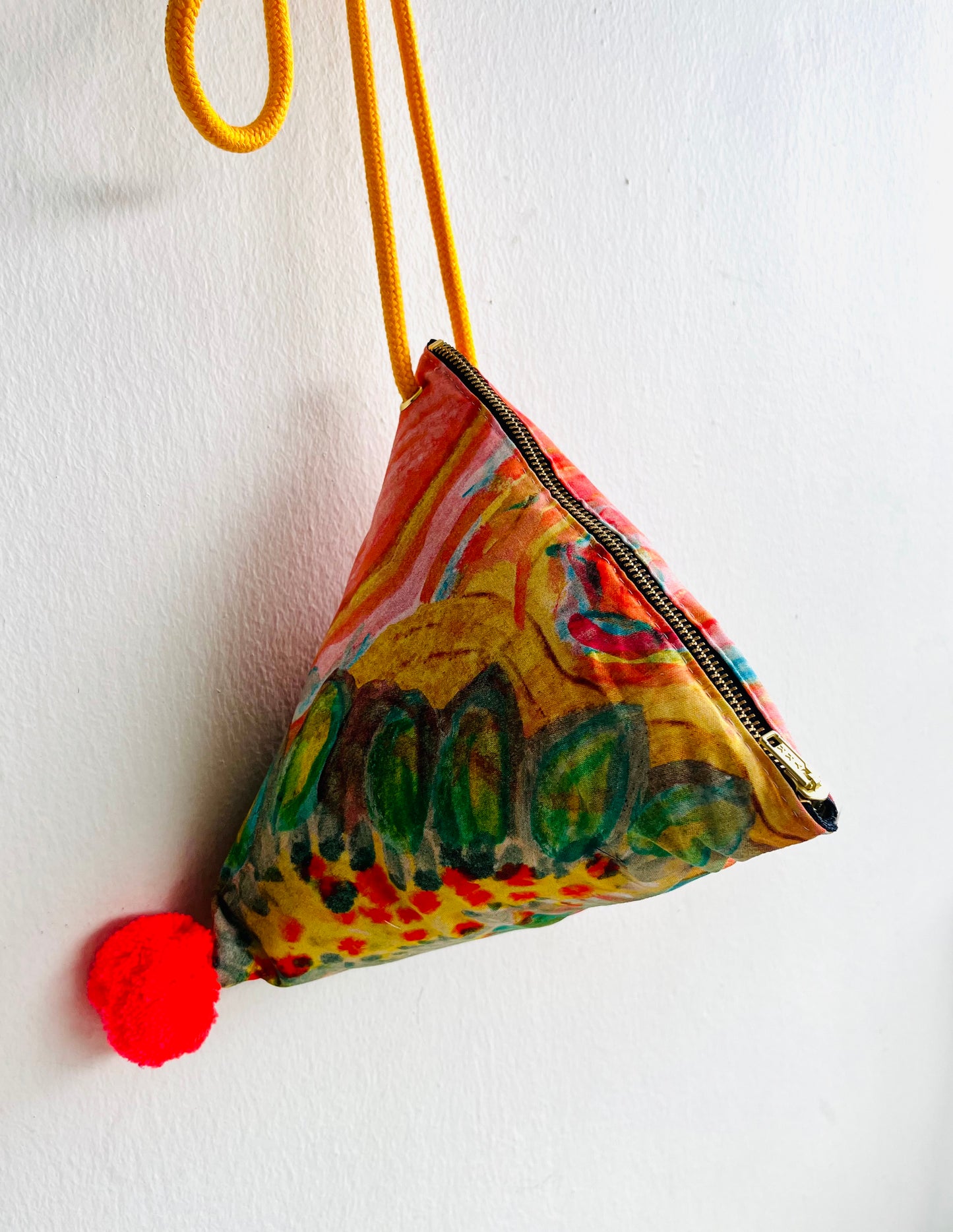 Origami dumpling bag , pom pom fabric bag , triangle handmade bag | Gauguin’s Tahiti - Jiakuma