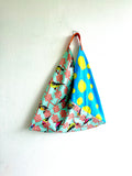 Origami bento bag , Japanese inspired bag , colorful fabric eco bag, triangle shoulder bag | Birds of polka paradise