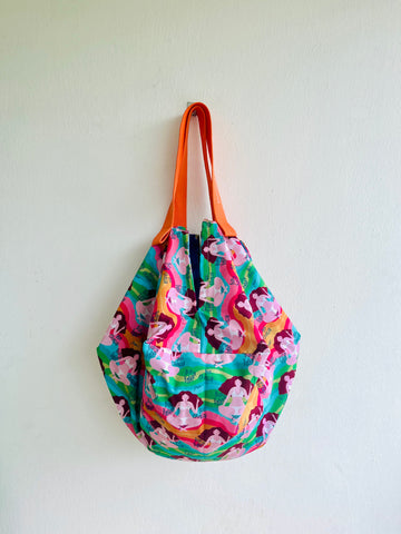 Sac origami bag , fabric reversible colorful bag , shoulder shopping eco friendly bag , Japanese inspired car bag | Our bodies our choices