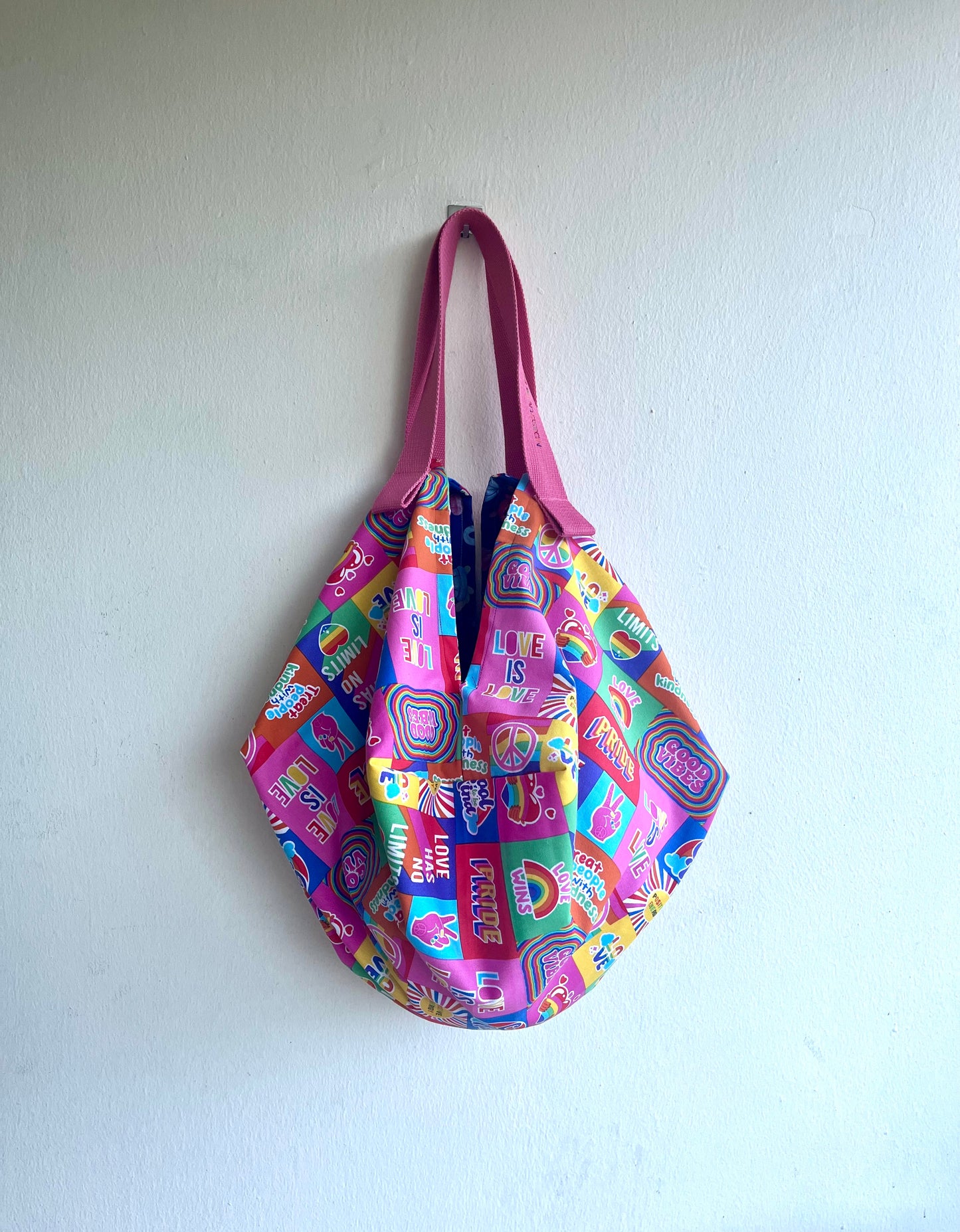 Sac shoulder bag , origami sac fabric bag , Japanese inspired reversible bag , eco friendly shopping bag | love always wins