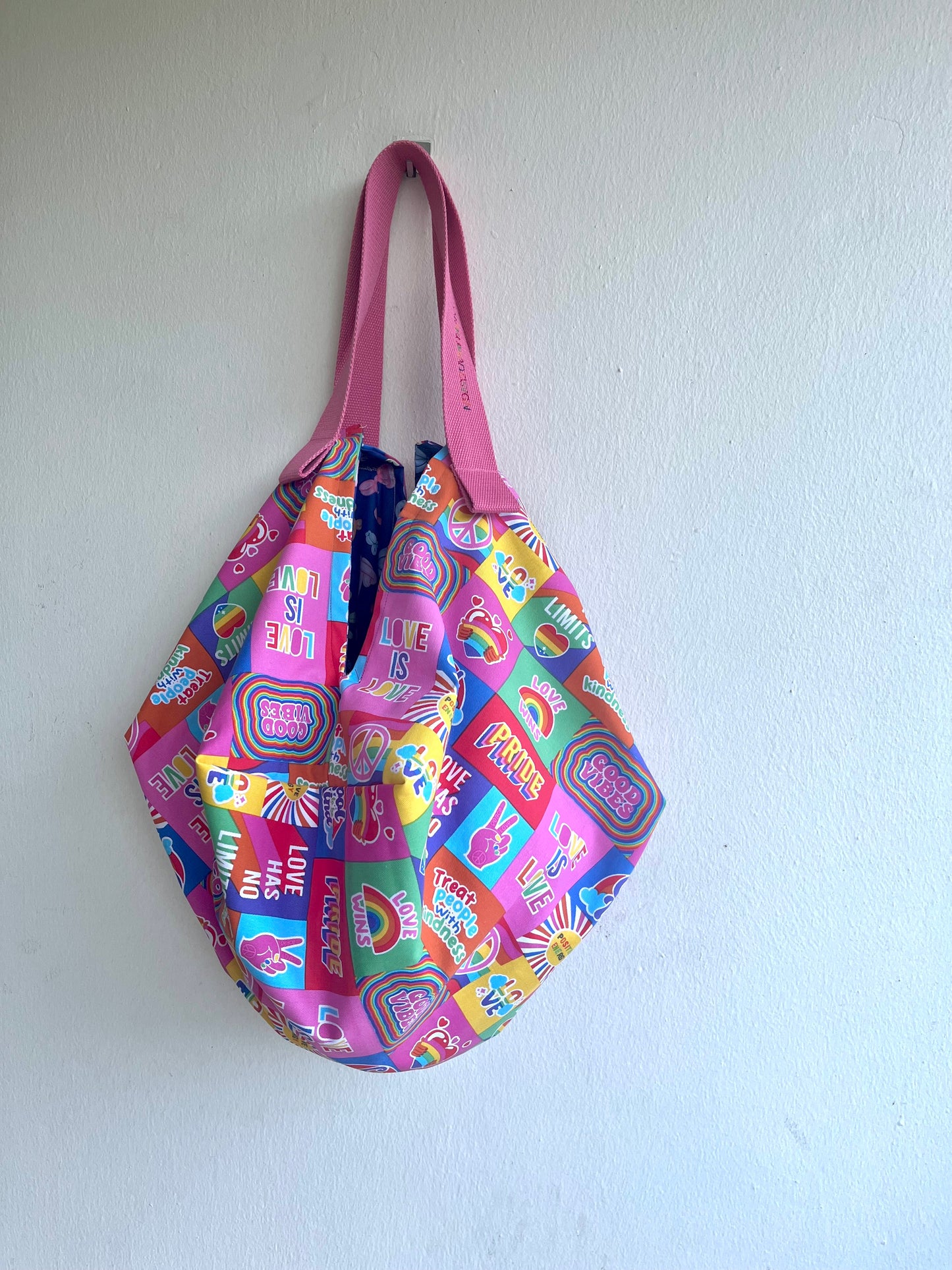 Sac shoulder bag , origami sac fabric bag , Japanese inspired reversible bag , eco friendly shopping bag | love always wins