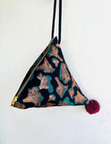 Origami dumpling bag , pom pom cute lunch bag , eco friendly small triangle bag , Japanese inspired bag | Shinny Magic mushrooms