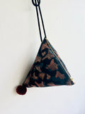 Origami dumpling bag , pom pom cute lunch bag , eco friendly small triangle bag , Japanese inspired bag | Shinny Magic mushrooms