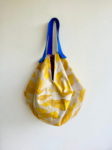 Japanese inspired reversible bag , origami sac bag , reversible fabric bag , shoulder groceries eco bag | Yellow dunes with golden sparkles