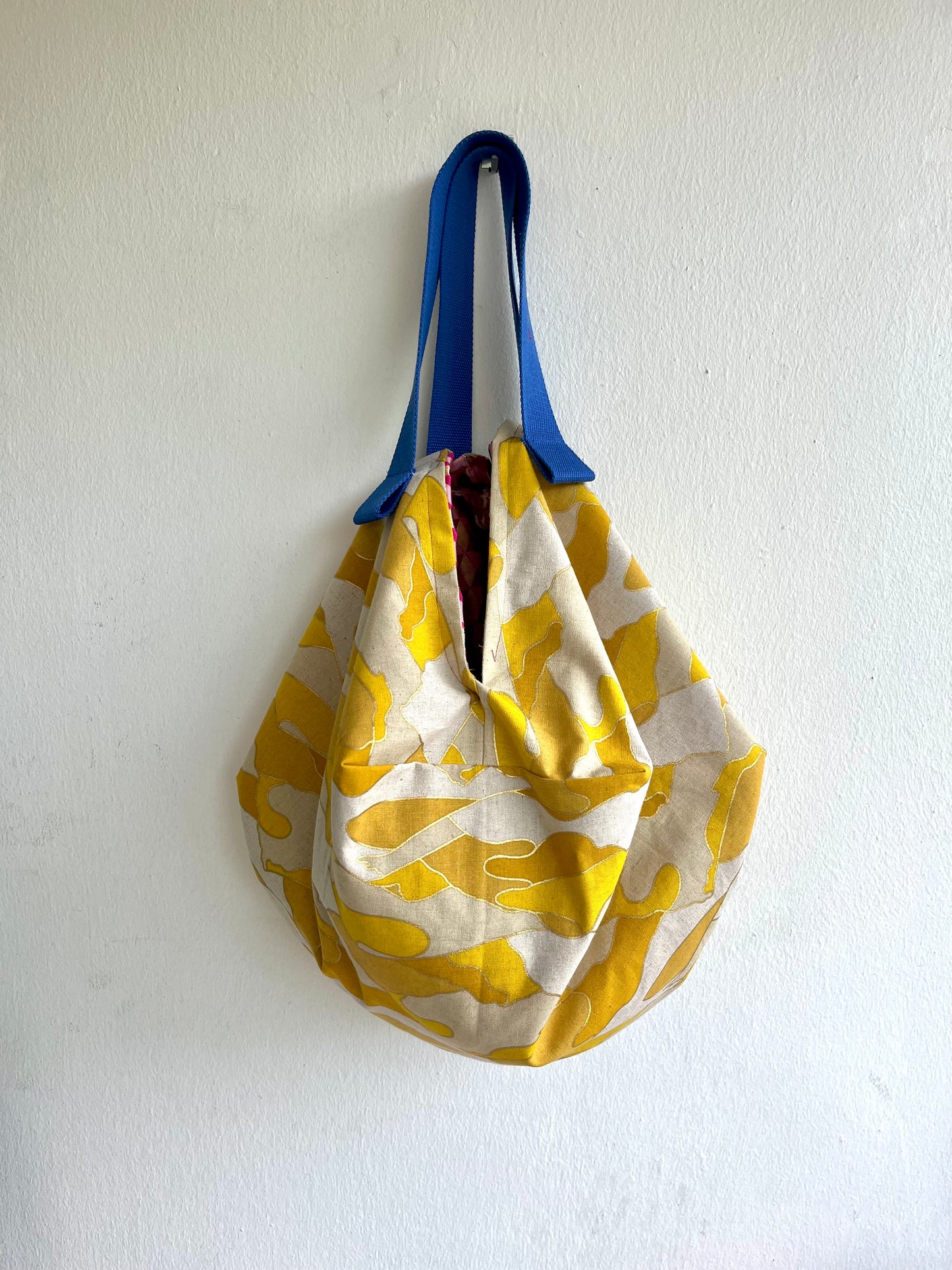 Japanese inspired reversible bag , origami sac bag , reversible fabric bag , shoulder groceries eco bag | Yellow dunes with golden sparkles