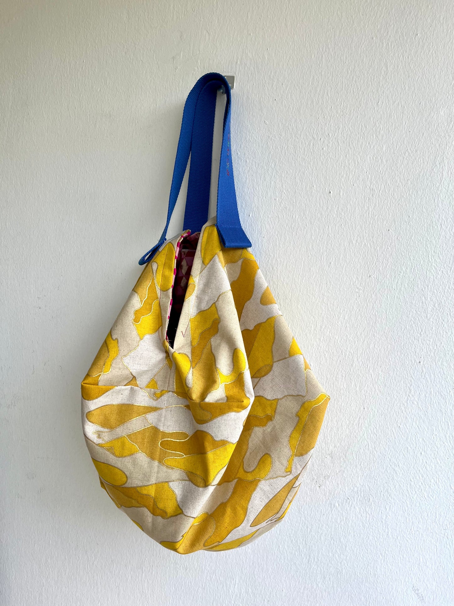 Japanese inspired reversible bag , origami sac bag , reversible fabric bag , shoulder groceries eco bag | Yellow dunes with golden sparkles