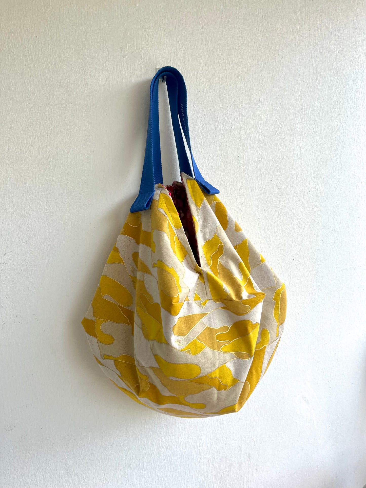 Japanese inspired reversible bag , origami sac bag , reversible fabric bag , shoulder groceries eco bag | Yellow dunes with golden sparkles