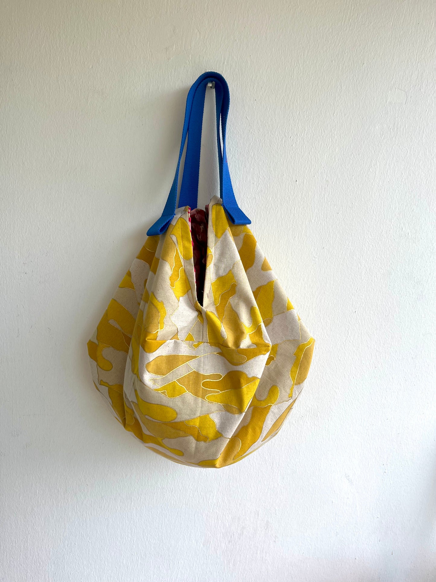 Japanese inspired reversible bag , origami sac bag , reversible fabric bag , shoulder groceries eco bag | Yellow dunes with golden sparkles