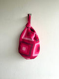 Origami wrist bag , Japanese reversible fabric bag , knot colorful lunch bag | Pink Milano