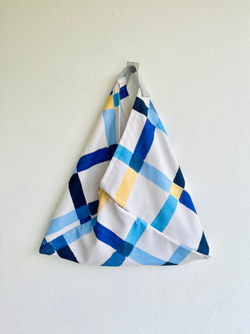 Origami tote bag , fabric bento bag , triangle Japanese inspired bag | Blue intersections