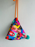 Origami triangle fabric bag , pom pom colorful cross body bag , eco friendly small origami bag , colorful gift idea | Me and my girlfriends