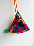 Origami triangle fabric bag , pom pom colorful cross body bag , eco friendly small origami bag , colorful gift idea | Me and my girlfriends