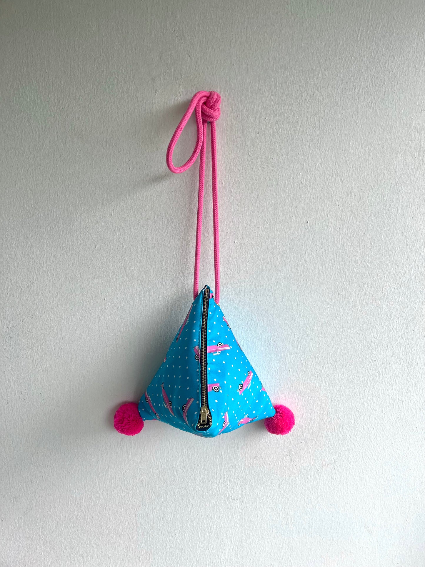 Fabric dumpling bag , small pom pom Japanese origami bag , cute colorful triangle bag | Brummmm