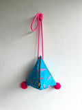 Fabric dumpling bag , small pom pom Japanese origami bag , cute colorful triangle bag | Brummmm