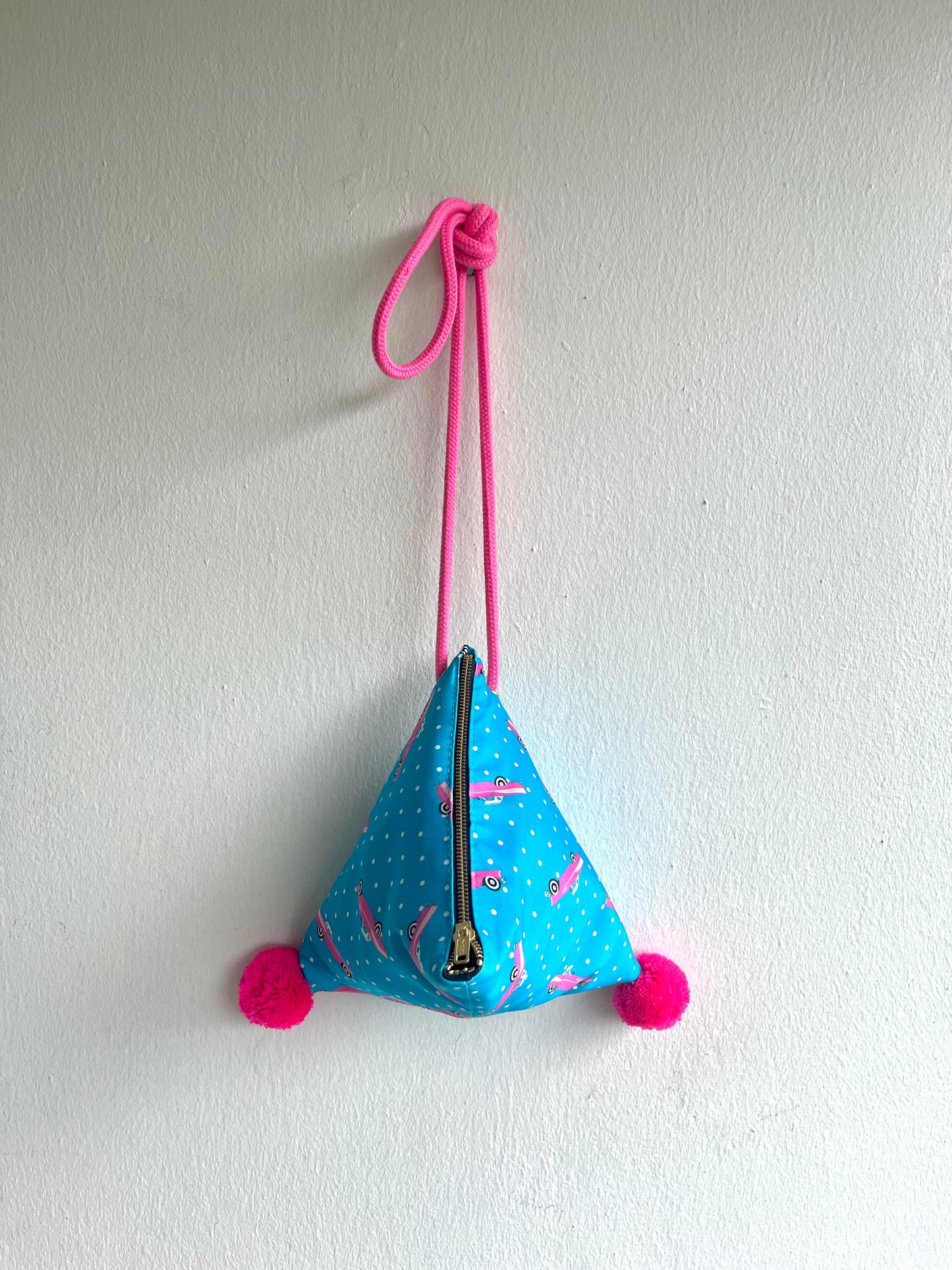 Fabric dumpling bag , small pom pom Japanese origami bag , cute colorful triangle bag | Brummmm