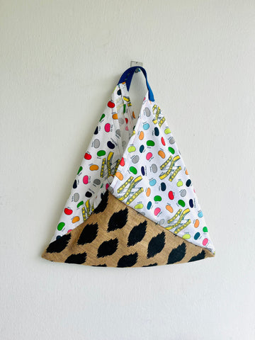 Origami eco friendly jute bag , colorful fabric bento bag , shoulder market bag , Japanese inspired shopping bag | I am going to the market to buy colorful beans
