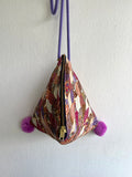 Origami colorful bag , Japanese fabric cute small pom pom bag , eco friendly triangle bag | Osaka