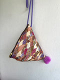 Origami colorful bag , Japanese fabric cute small pom pom bag , eco friendly triangle bag | Osaka