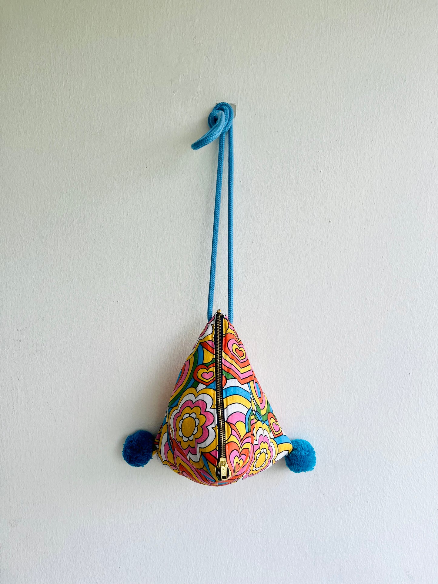 Origami dumpling bag , colorful fun fabric bag , pom pom bag , small triangle bag , Japanese inspired bag | Groovy