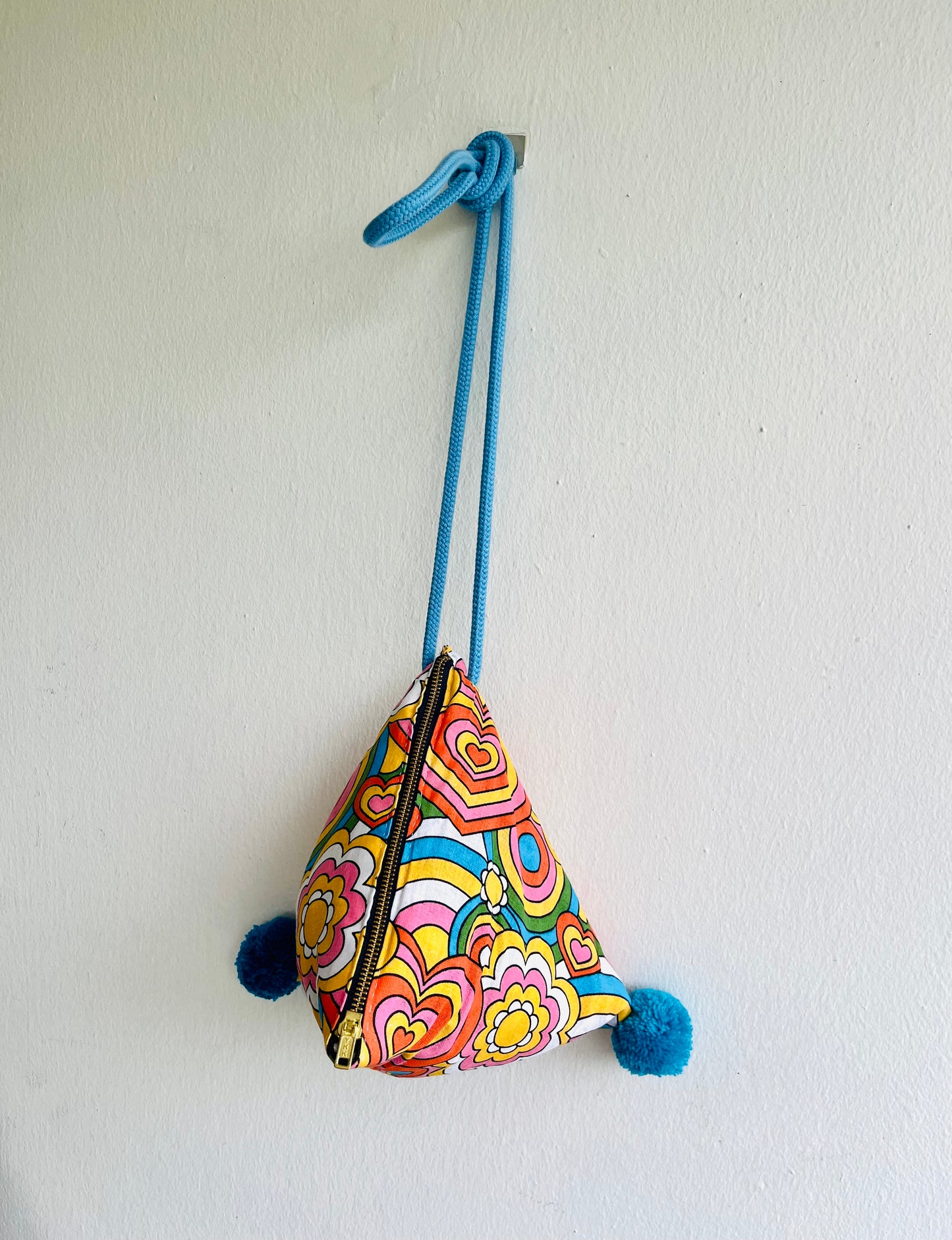 Origami dumpling bag , colorful fun fabric bag , pom pom bag , small triangle bag , Japanese inspired bag | Groovy