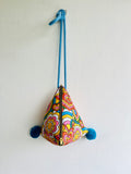 Origami dumpling bag , colorful fun fabric bag , pom pom bag , small triangle bag , Japanese inspired bag | Groovy