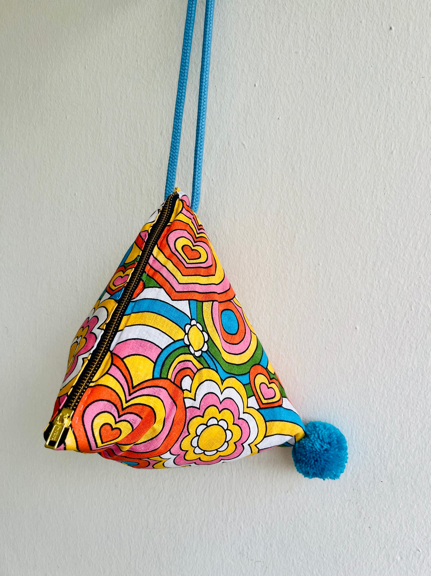 Origami dumpling bag , colorful fun fabric bag , pom pom bag , small triangle bag , Japanese inspired bag | Groovy