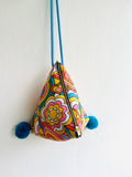 Origami dumpling bag , colorful fun fabric bag , pom pom bag , small triangle bag , Japanese inspired bag | Groovy