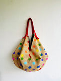 Origami sac bag , jute eco friendly bag , shoulder reversible shopping bag , Japanese inspired origami bag | Colorful  Polka dots