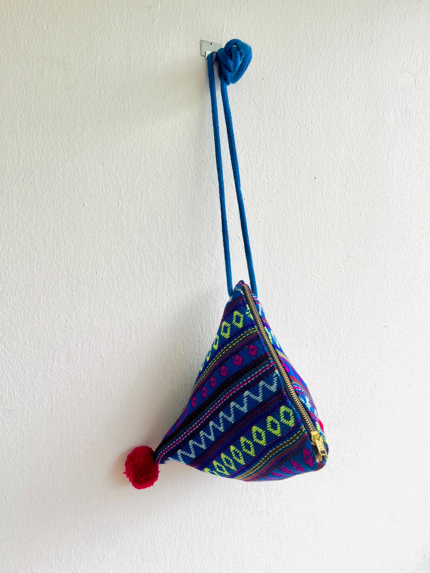 Origami dumpling bag , triangle fabric colorful bag , pom pom bag , cute weekend small bag | Tijuana