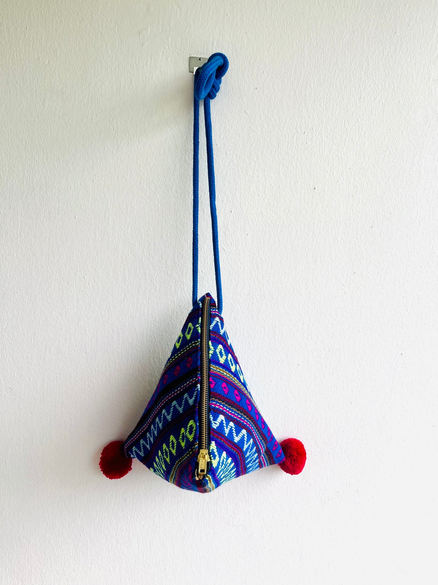 Origami dumpling bag , triangle fabric colorful bag , pom pom bag , cute weekend small bag | Tijuana