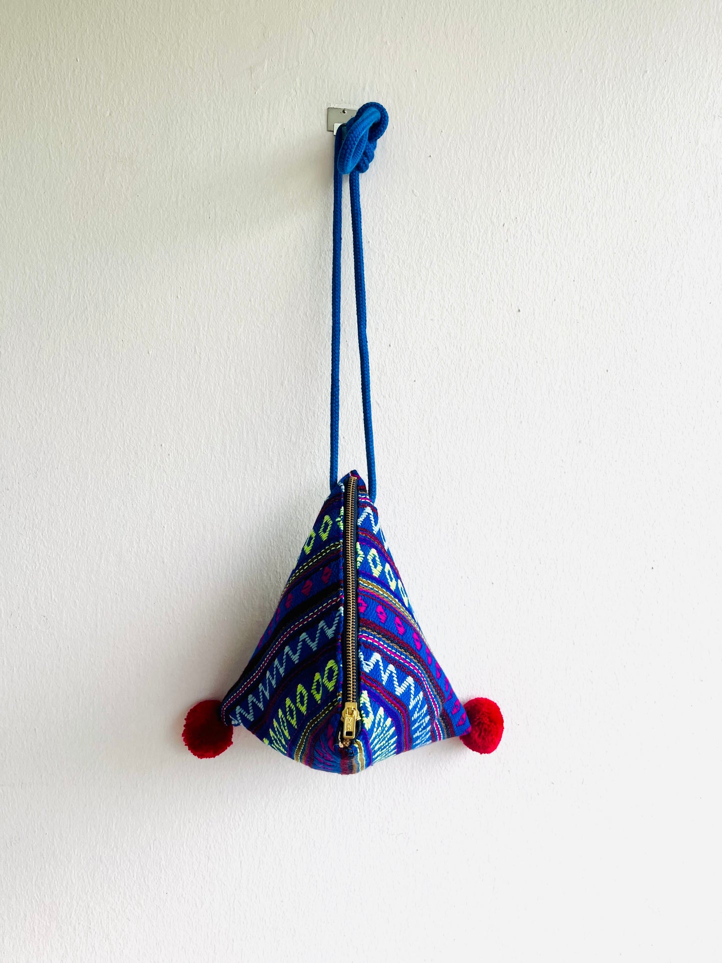 Origami dumpling bag , triangle fabric colorful bag , pom pom bag , cute weekend small bag | Tijuana