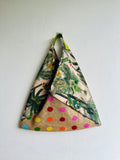 Origami bento bag , jute colorful fabric bag , Japanese inspired bag , polka dots jute bag| Tropical polka