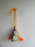 Colorful triangle origami bag , dumpling Japanese inspired bag , pom pom jute bag | Polka dots colorful universe