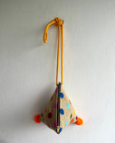 Colorful triangle origami bag , dumpling Japanese inspired bag , pom pom jute bag | Polka dots colorful universe