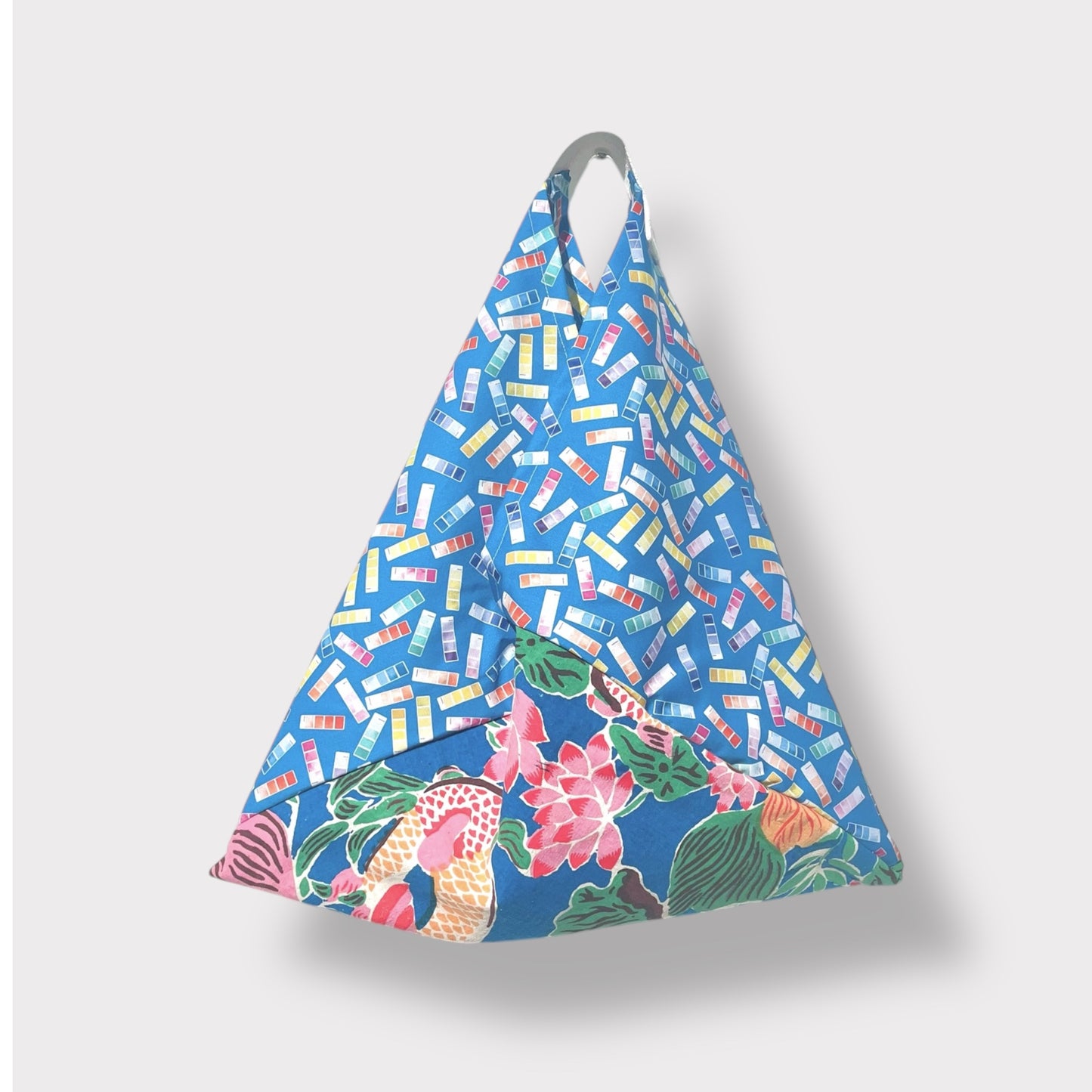 Bento tote bag , origami Japanese inspired tote , handmade colorful cotton fabric bag , triangle shoulder tote bag | A colorful garden in Chinese new year