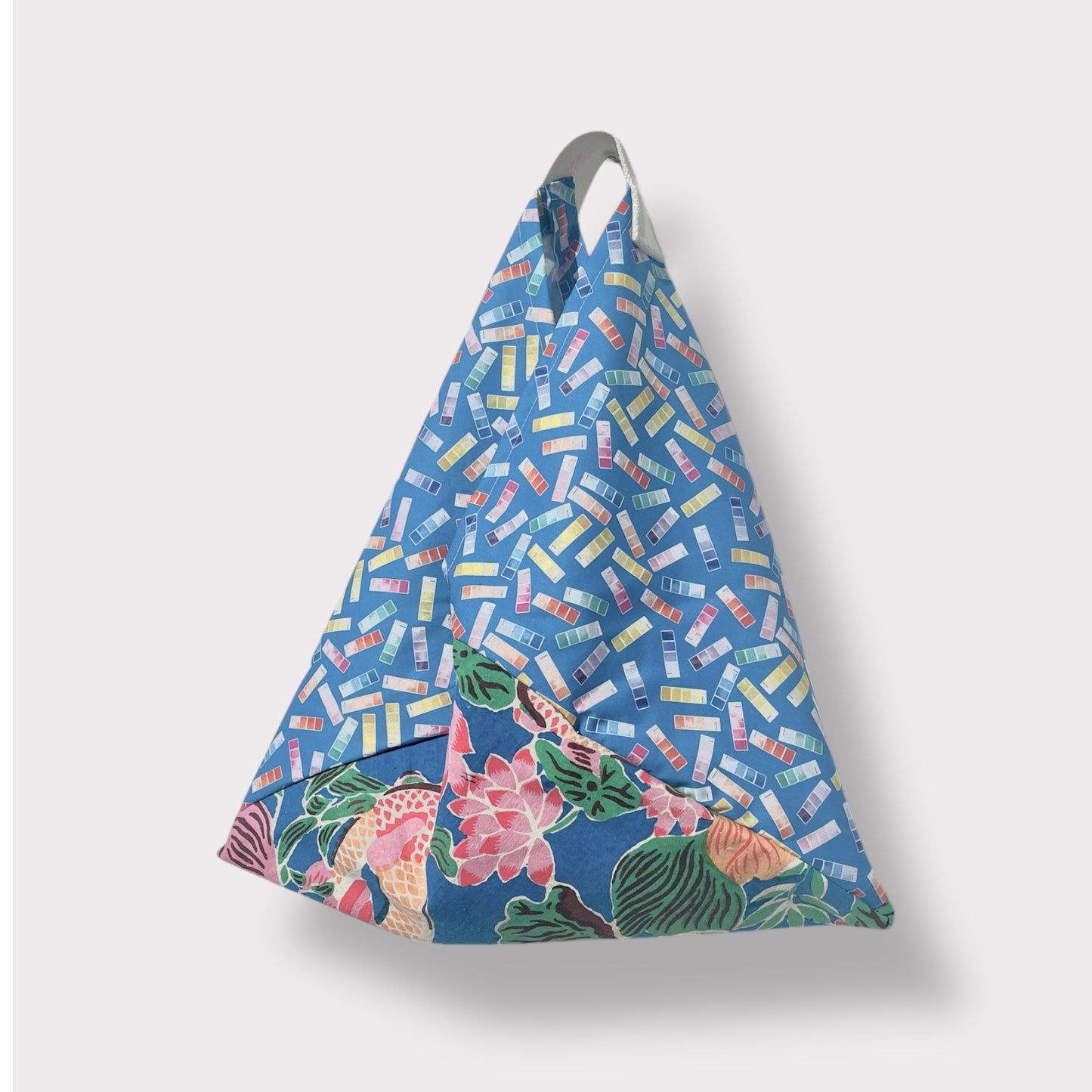 Bento tote bag , origami Japanese inspired tote , handmade colorful cotton fabric bag , triangle shoulder tote bag | A colorful garden in Chinese new year