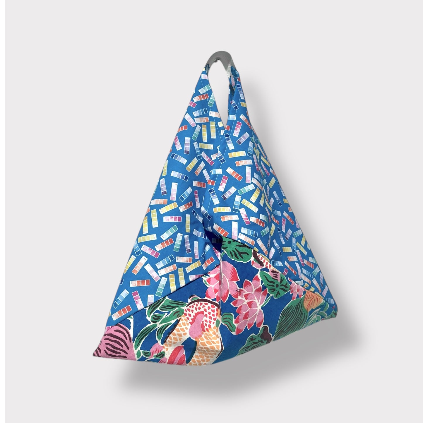 Bento tote bag , origami Japanese inspired tote , handmade colorful cotton fabric bag , triangle shoulder tote bag | A colorful garden in Chinese new year