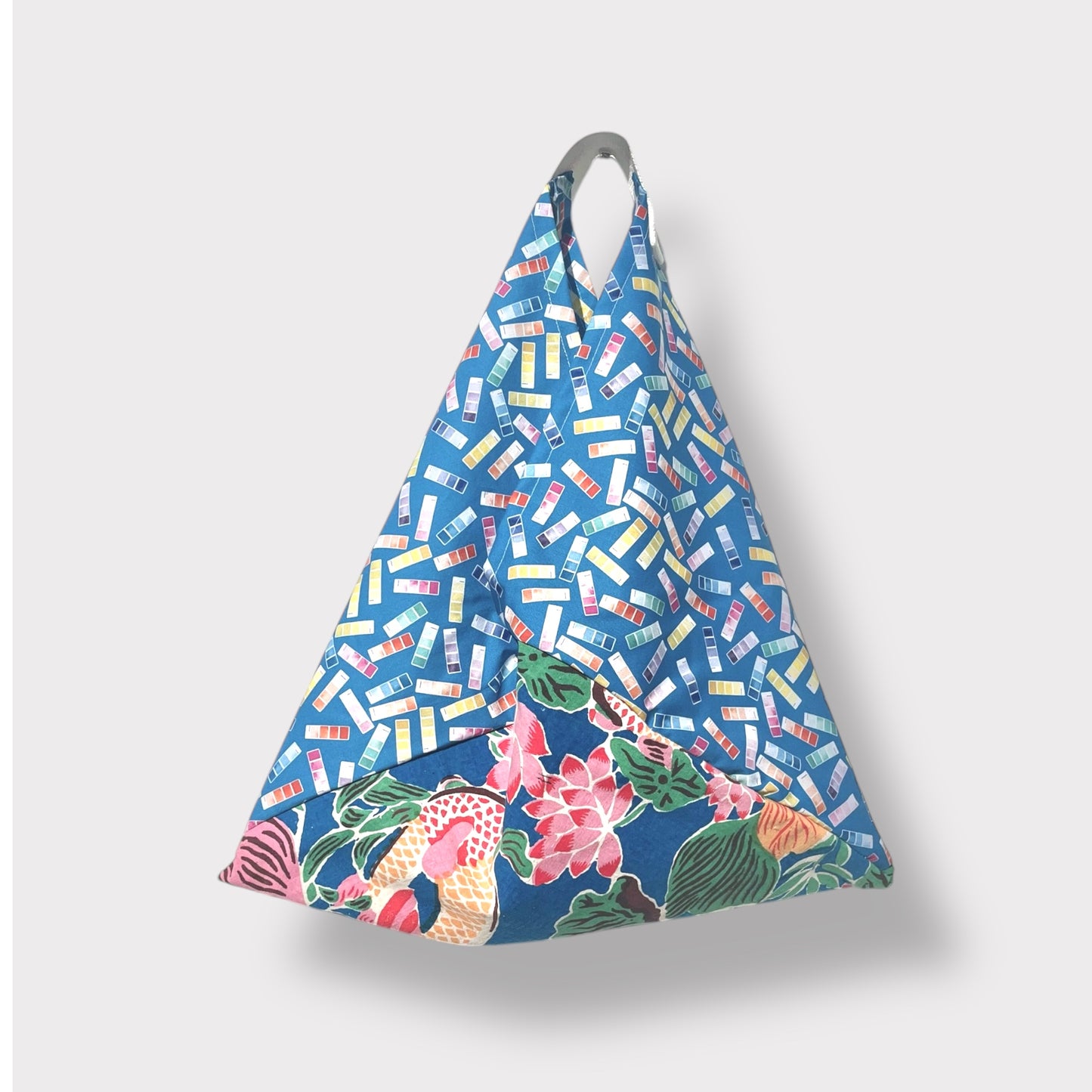 Bento tote bag , origami Japanese inspired tote , handmade colorful cotton fabric bag , triangle shoulder tote bag | A colorful garden in Chinese new year