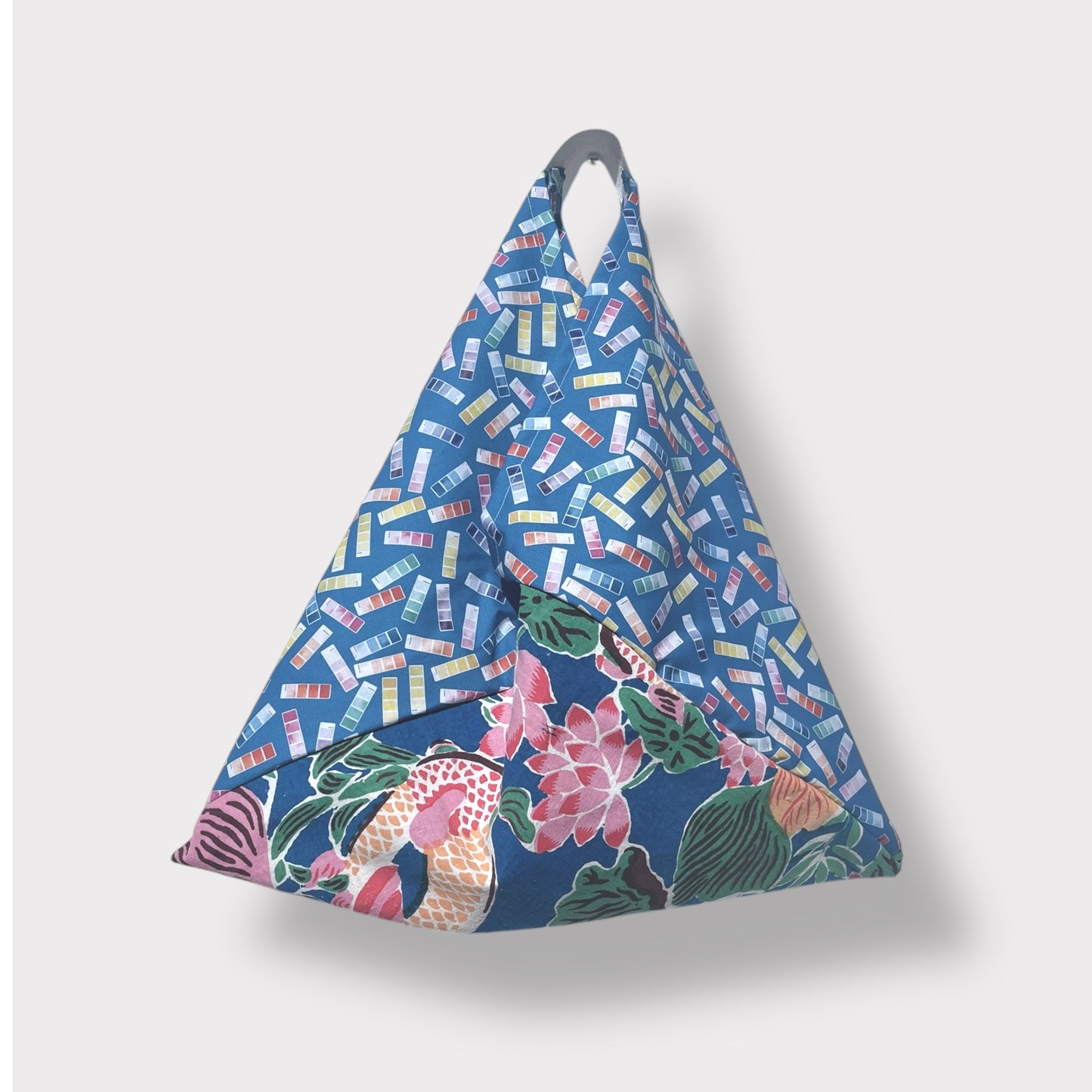 Bento tote bag , origami Japanese inspired tote , handmade colorful cotton fabric bag , triangle shoulder tote bag | A colorful garden in Chinese new year