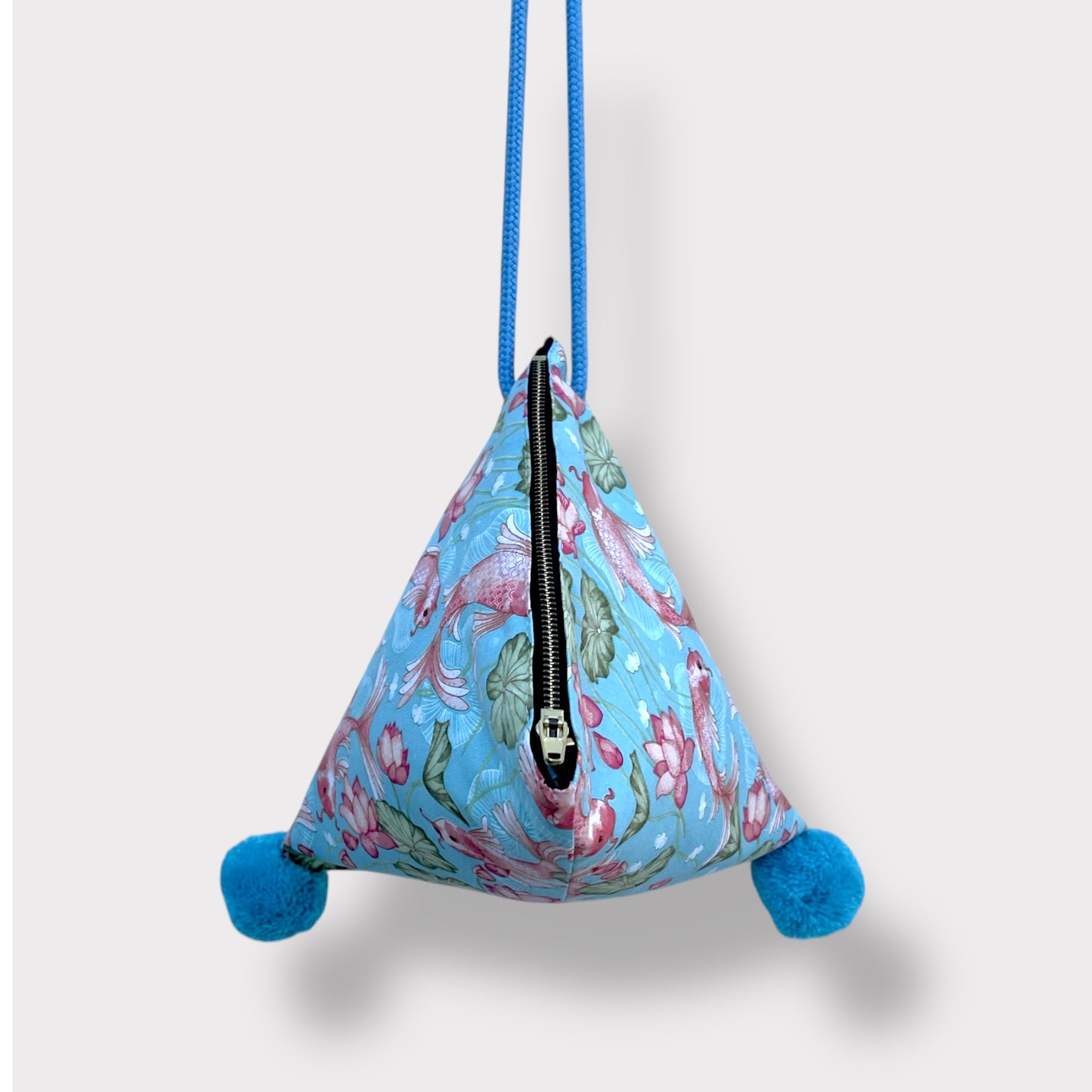 Origami dumpling bags, small triangle crossbody bag , Japanese inspired small fabric bag , cute colorful pom pom bag | Lucky fish