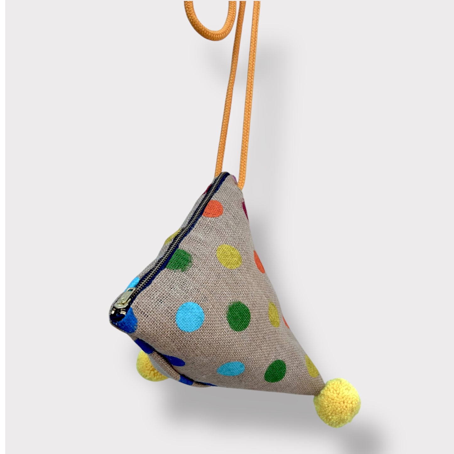 Colorful triangle origami bag , dumpling Japanese inspired bag , pom pom jute bag | Polka dots colorful universe