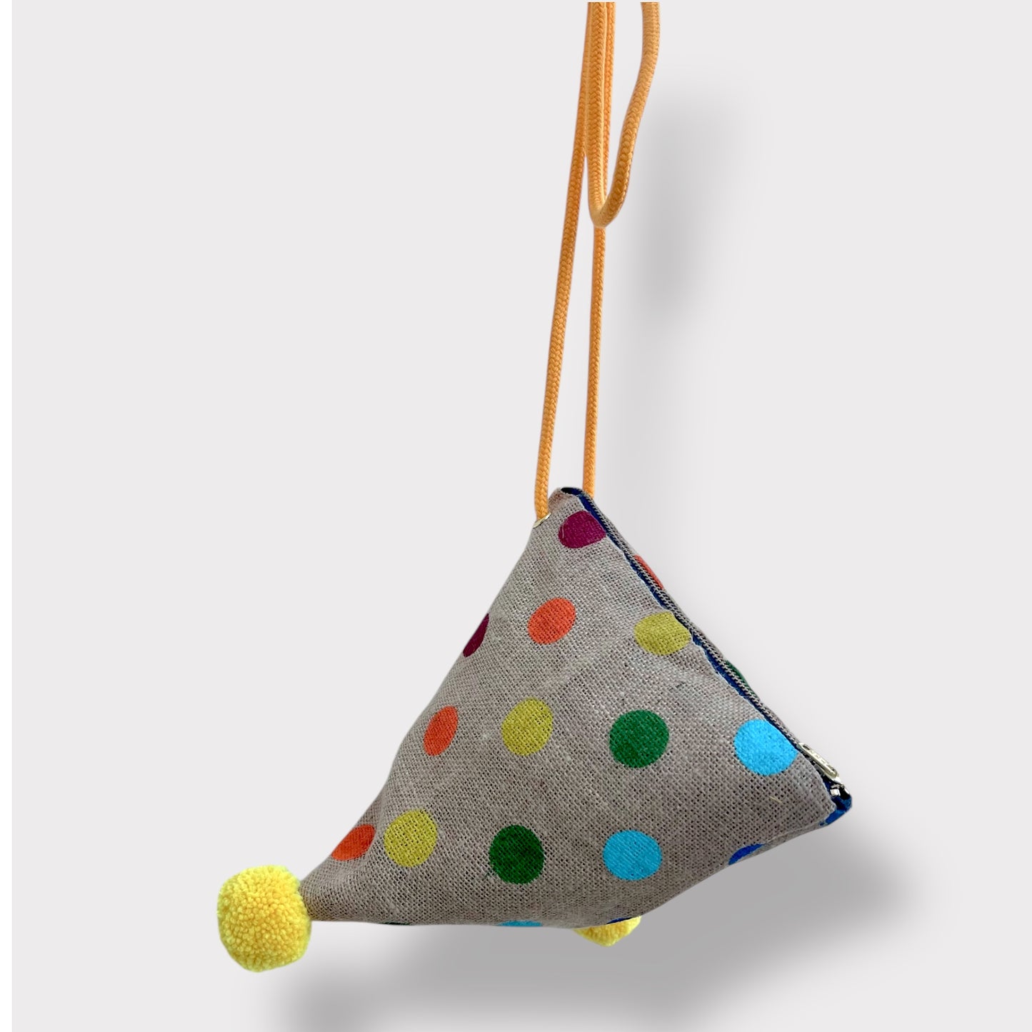 Colorful triangle origami bag , dumpling Japanese inspired bag , pom pom jute bag | Polka dots colorful universe