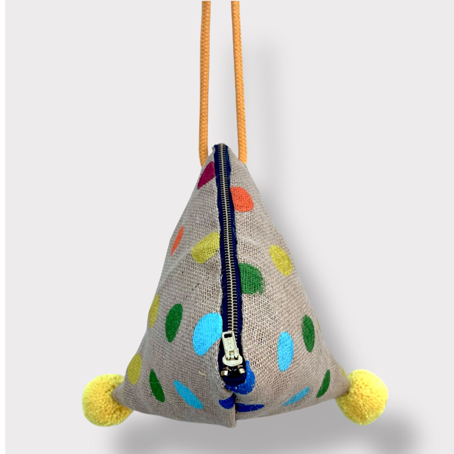 Colorful triangle origami bag , dumpling Japanese inspired bag , pom pom jute bag | Polka dots colorful universe