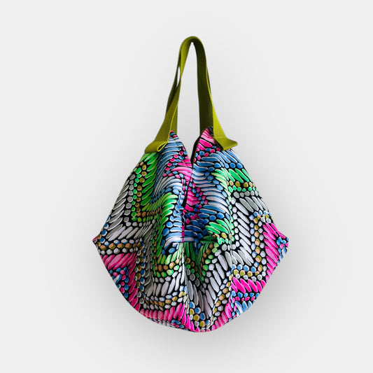 Origami reversible bag , Japanese inspired sac bag , colorful jute fabric bag , eco friendly groceries bag | A secret polka dots universe