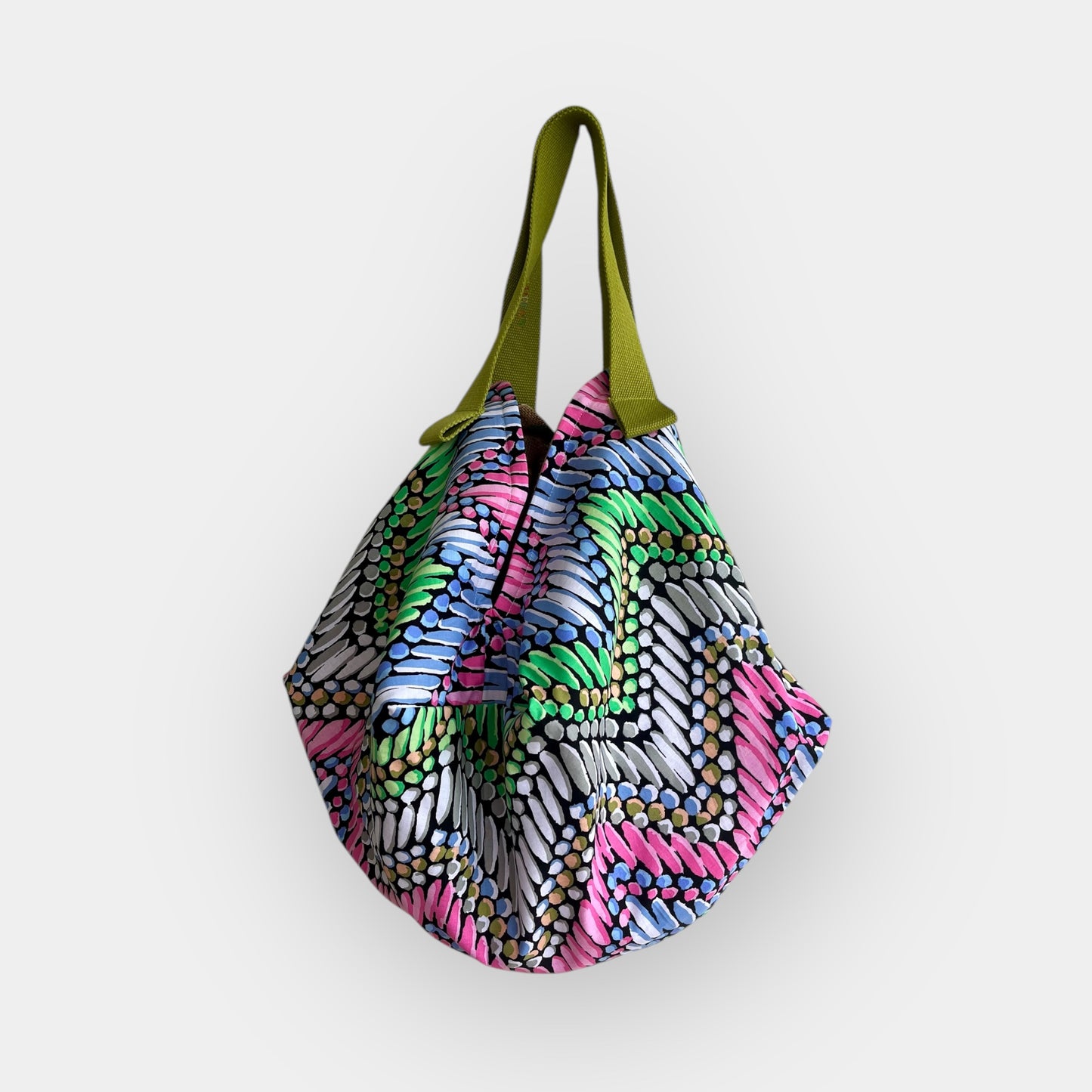 Origami reversible bag , Japanese inspired sac bag , colorful jute fabric bag , eco friendly groceries bag | A secret polka dots universe