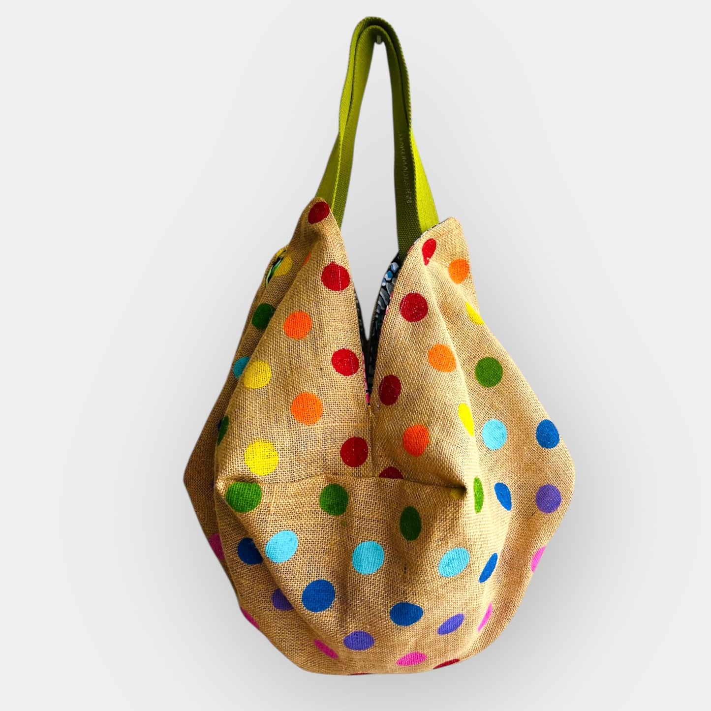 Origami reversible bag , Japanese inspired sac bag , colorful jute fabric bag , eco friendly groceries bag | A secret polka dots universe