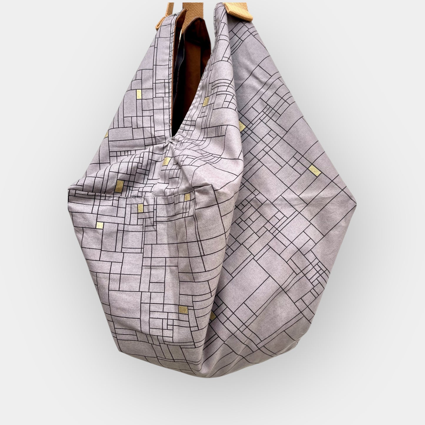 Origami sac bag , reversible Japanese fabric bag , large sac shoulder groceries bag | Grey & Gold