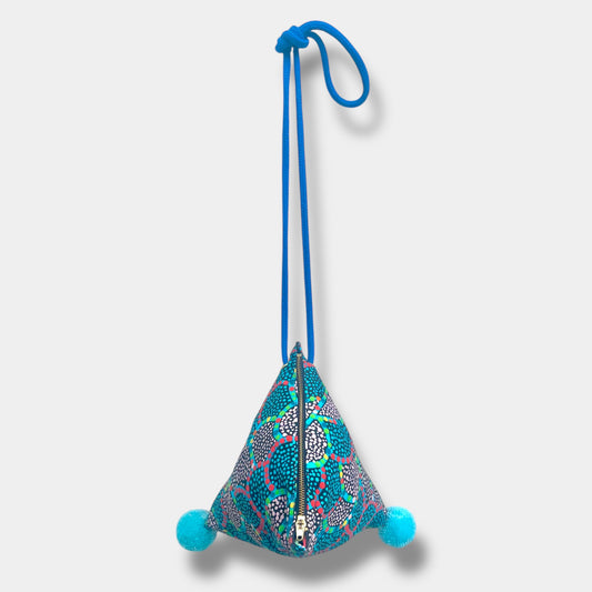 Origami triangle cross body bag , cute colorful pom pom bag , Japanese inspired handmade fabric bag | The ancestors land